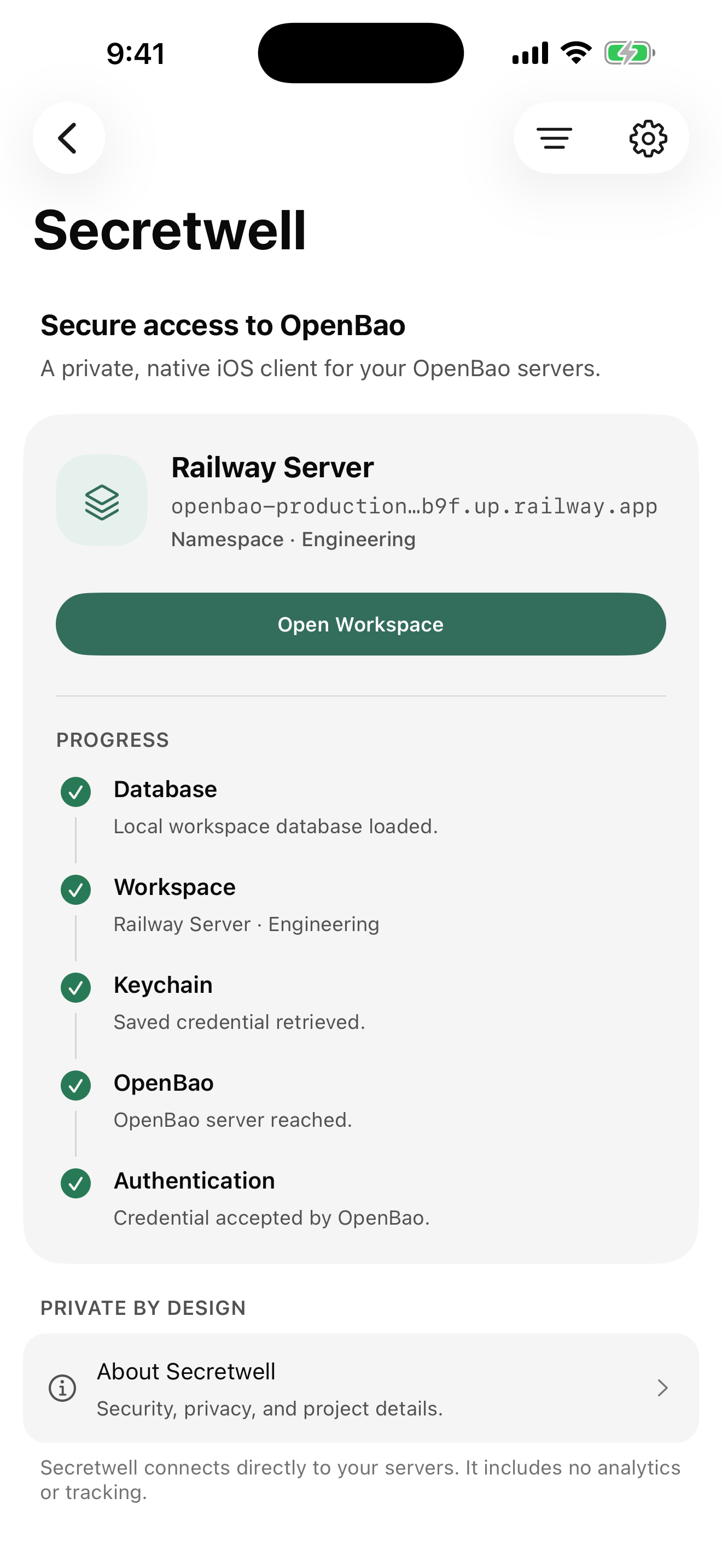 Secretwell showing a selected OpenBao server and namespace on iPhone