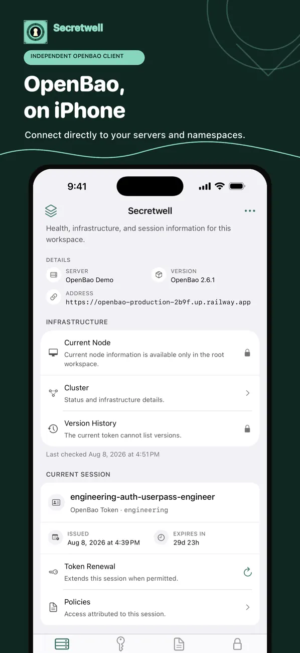 Secretwell App Store screenshot: OpenBao on iPhone